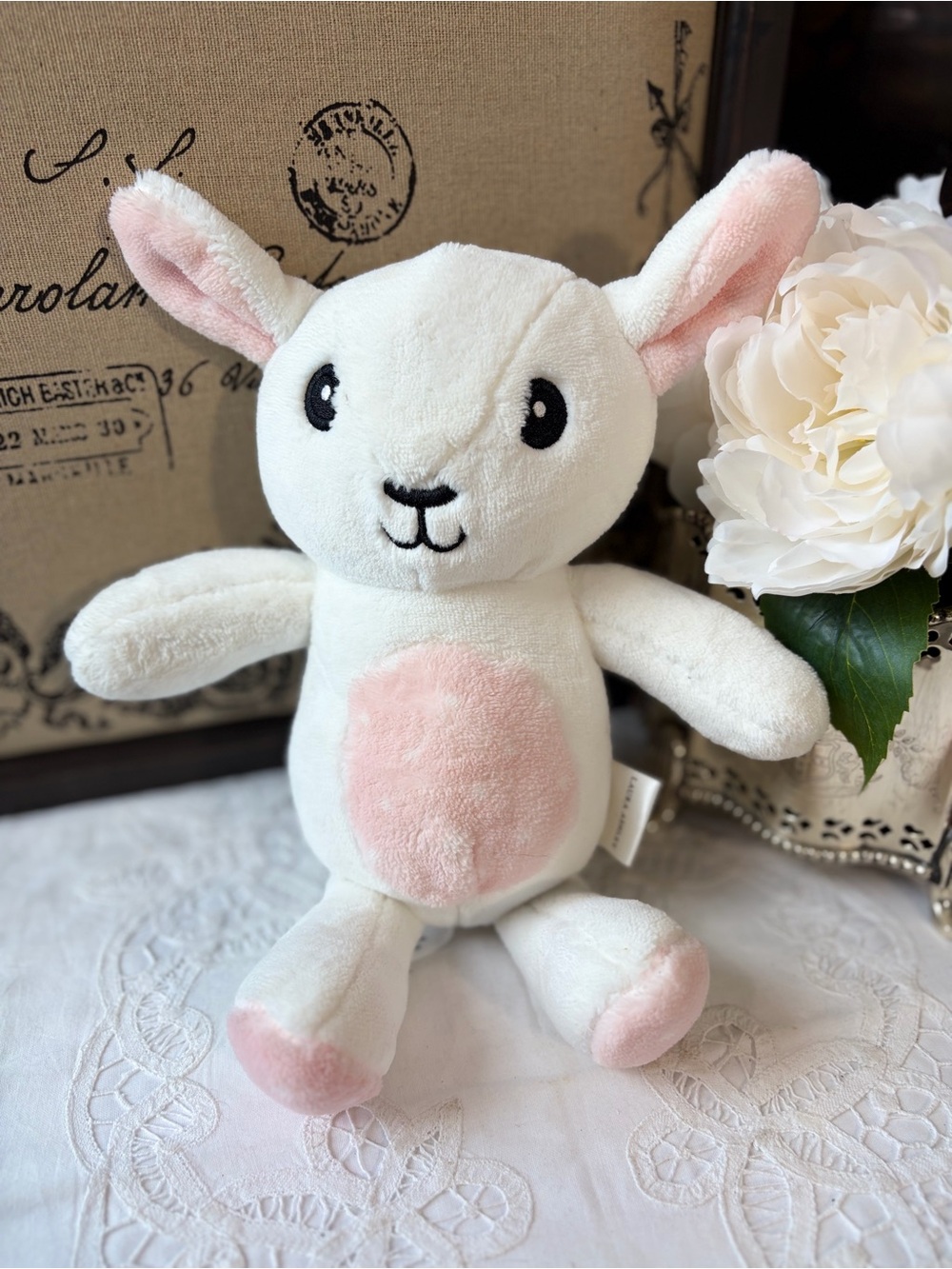 Laura Ashley White lamb Plush Stuffed Animal Pink Belly Ears